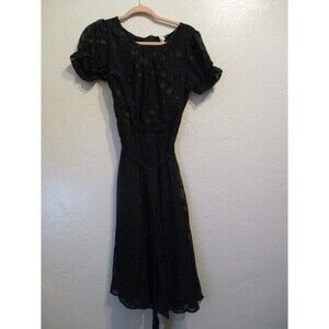 NY Collection Womens Sz PL Short Sleeve Belted Swiss Dot Midi Dress Black Office
